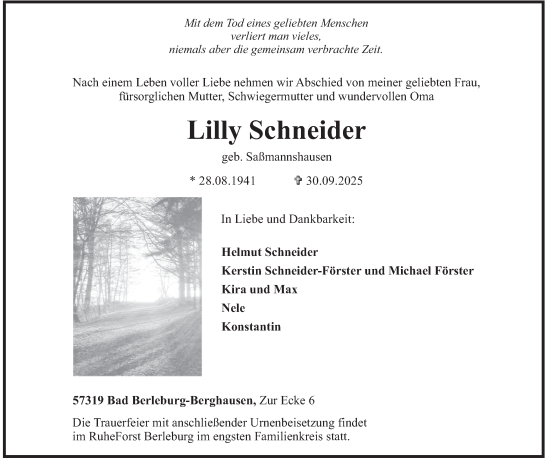 Traueranzeige von Lilly Schneider von Tageszeitung