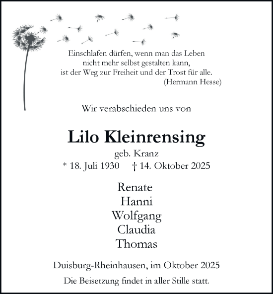 Traueranzeige von Lilo Kleinrensing von Tageszeitung