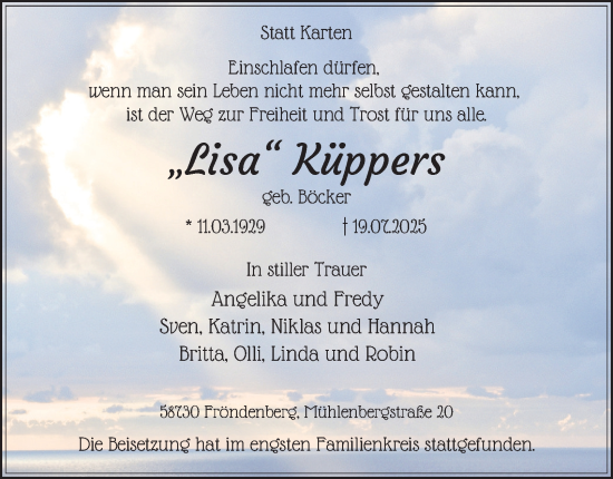 Traueranzeige von Lisa Küppers von Tageszeitung