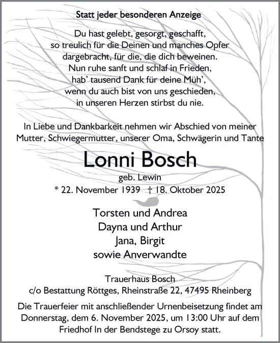 Traueranzeige von Lonni Bosch von Tageszeitung