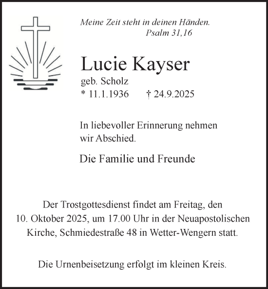Traueranzeige von Lucie Kayser von Tageszeitung