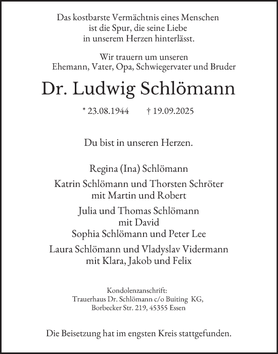 Traueranzeige von Ludwig Schlömann von Tageszeitung