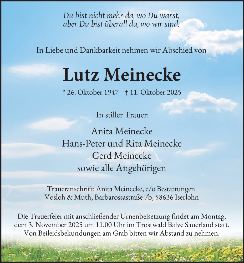  Traueranzeige für Lutz Meinecke vom 01.11.2025 aus Tageszeitung