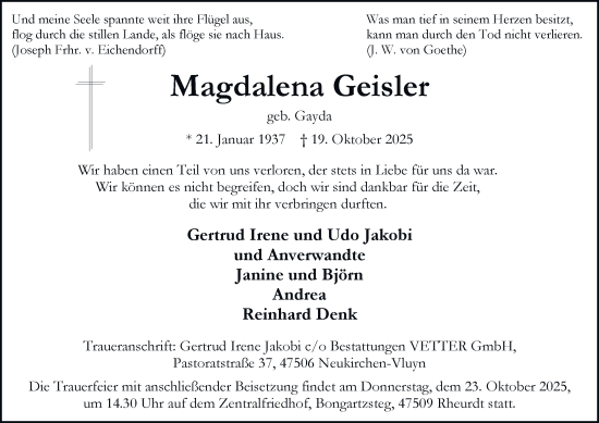 Traueranzeige von Magdalena Geisler von Tageszeitung