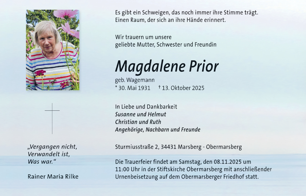  Traueranzeige für Magdalene Prior vom 25.10.2025 aus Tageszeitung