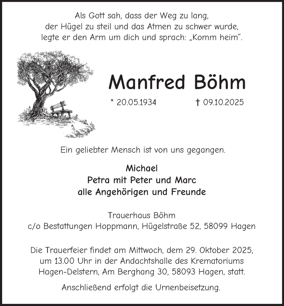  Traueranzeige für Manfred Böhm vom 18.10.2025 aus Tageszeitung