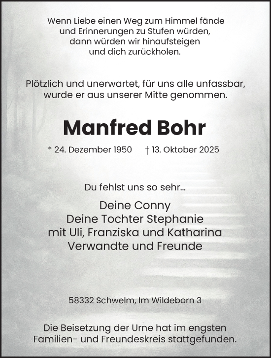 Traueranzeige von Manfred Bohr von Tageszeitung