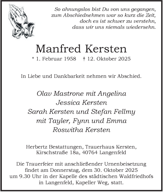 Traueranzeige von Manfred Kersten von Tageszeitung