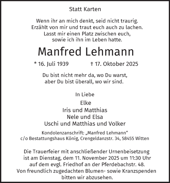 Traueranzeige von Manfred Lehmann von Tageszeitung