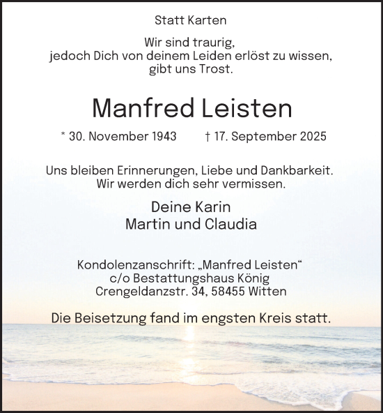 Traueranzeige von Manfred Leisten von Tageszeitung