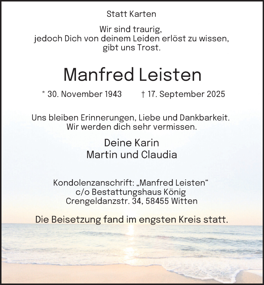  Traueranzeige für Manfred Leisten vom 04.10.2025 aus Tageszeitung