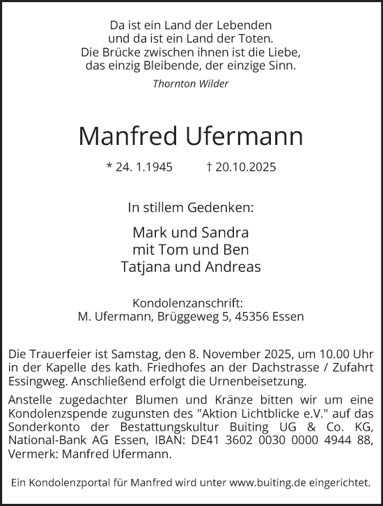 Traueranzeige von Manfred Ufermann von Tageszeitung