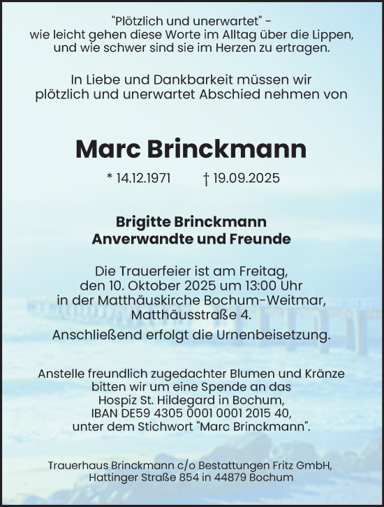 Traueranzeige von Marc Brinckmann von Tageszeitung