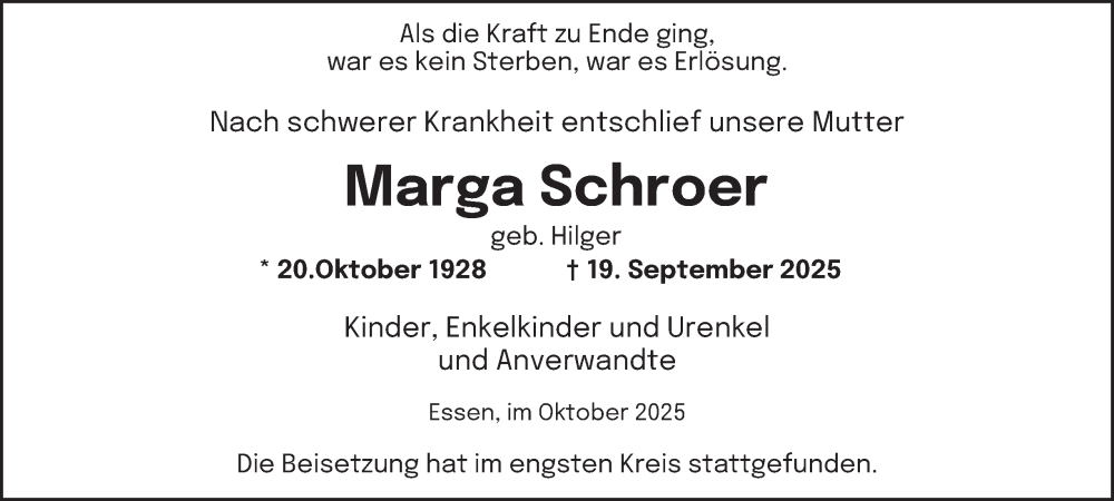  Traueranzeige für Marga Schroer vom 01.11.2025 aus Tageszeitung