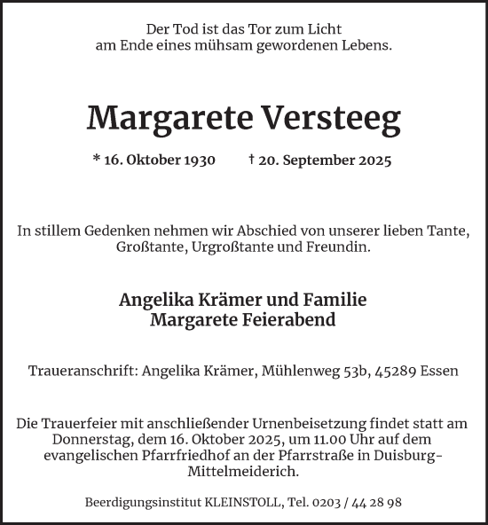 Traueranzeige von Margarete Versteeg von Tageszeitung