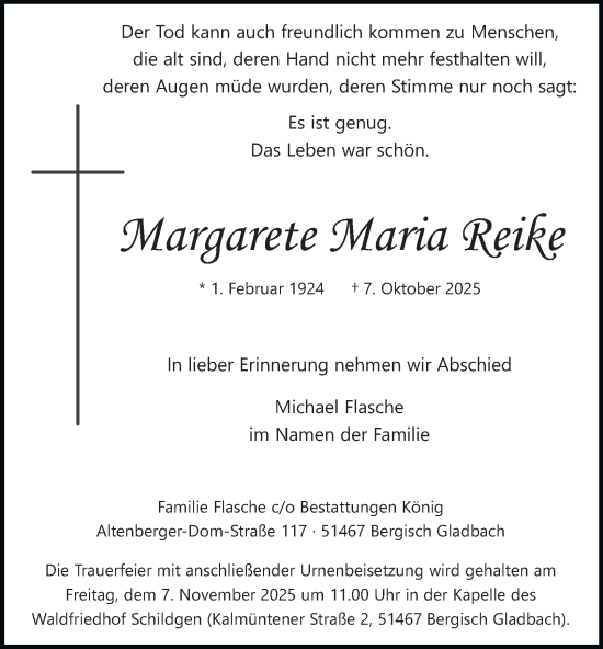 Traueranzeige von Margarete Maria Reike von Tageszeitung