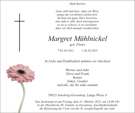 Traueranzeige von Margret Mühlnickel von Tageszeitung