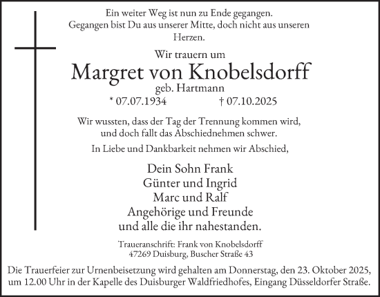 Traueranzeige von Margret von Knobelsdorff von Tageszeitung