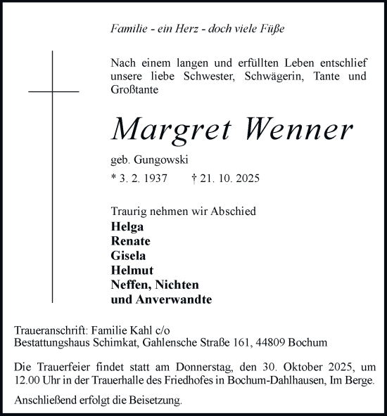Traueranzeige von Margret Wenner von Tageszeitung