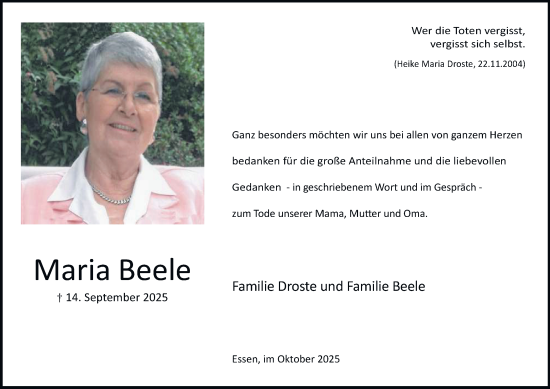 Traueranzeige von Maria Beele von Tageszeitung
