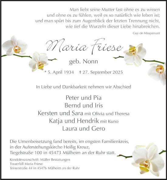 Traueranzeige von Maria Friese von Tageszeitung