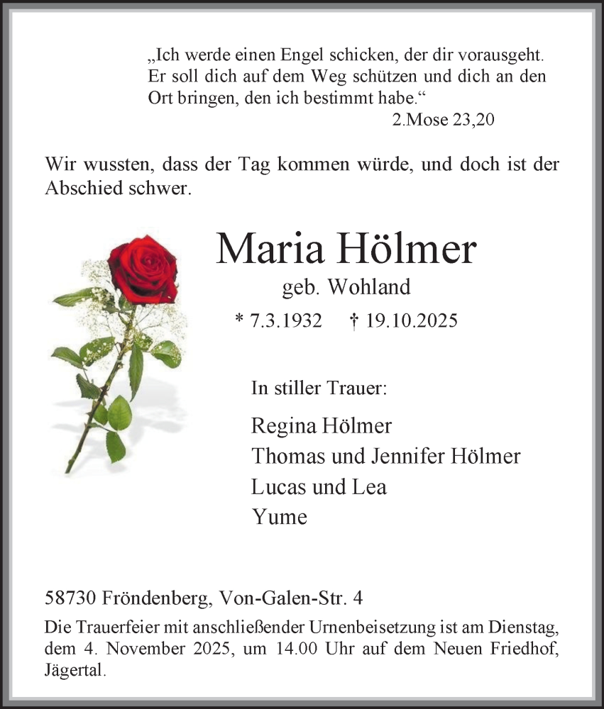  Traueranzeige für Maria Hölmer vom 01.11.2025 aus Tageszeitung