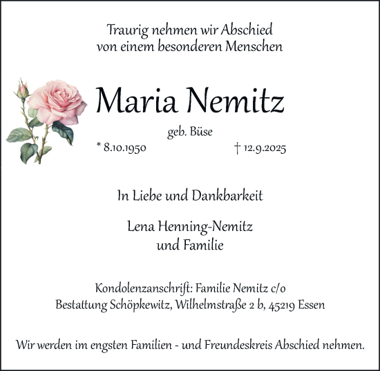 Traueranzeige von Maria Nemitz von Tageszeitung