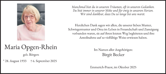 Traueranzeige von Maria Opgen-Rhein von Tageszeitung