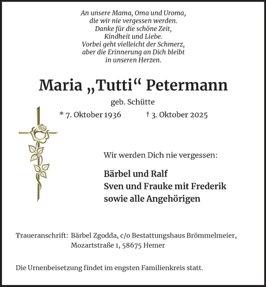 Traueranzeige von Maria Petermann von Tageszeitung