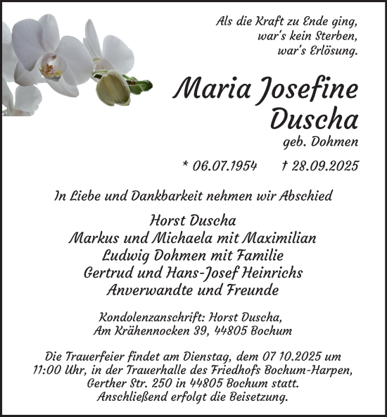 Traueranzeige von Maria Josefine Duscha von Tageszeitung