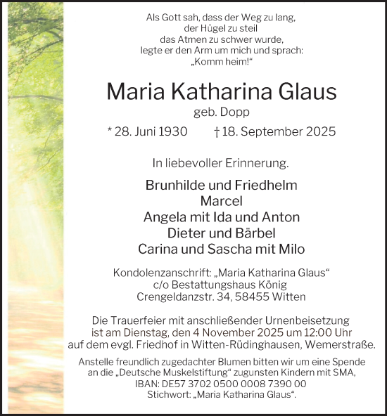 Traueranzeige von Maria Katharina Glaus von Tageszeitung