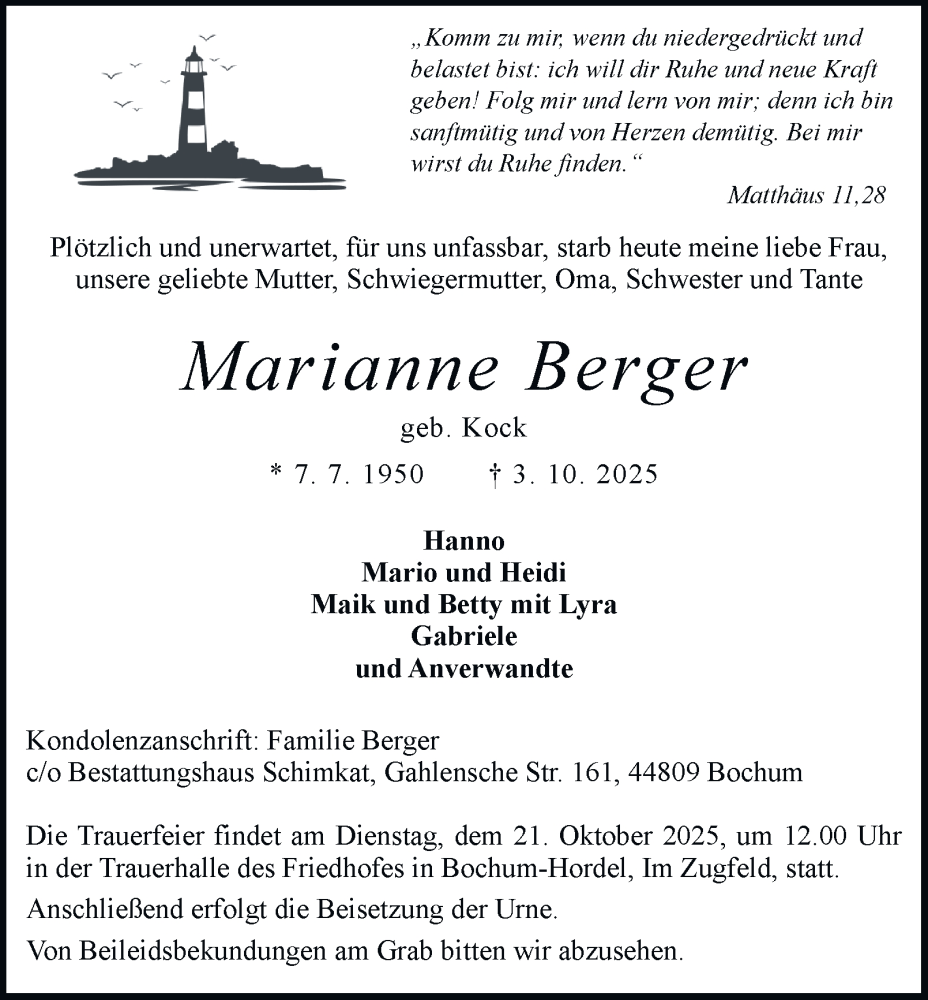  Traueranzeige für Marianne Berger vom 11.10.2025 aus Tageszeitung
