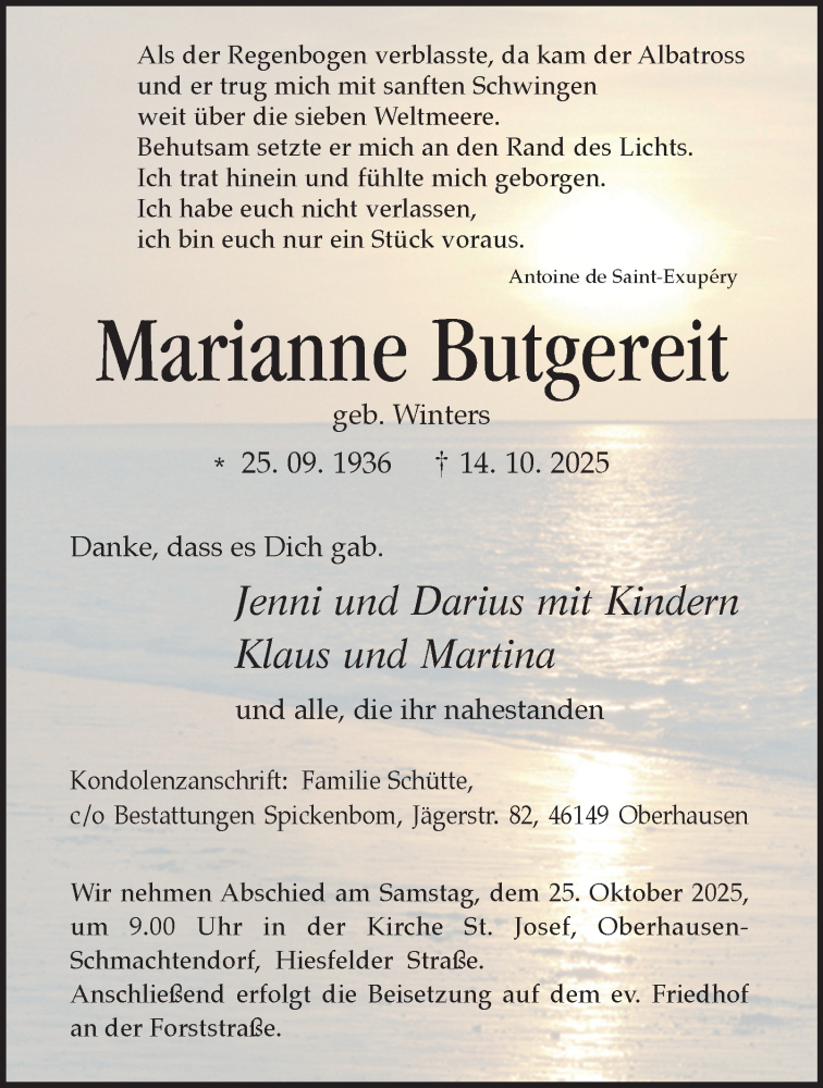  Traueranzeige für Marianne Butgereit vom 24.10.2025 aus Tageszeitung
