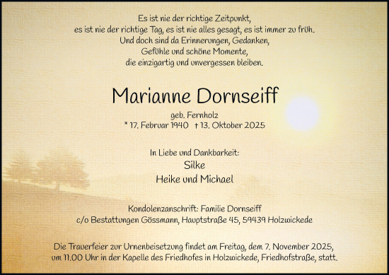 Traueranzeige von Marianne Dornseiff von Tageszeitung