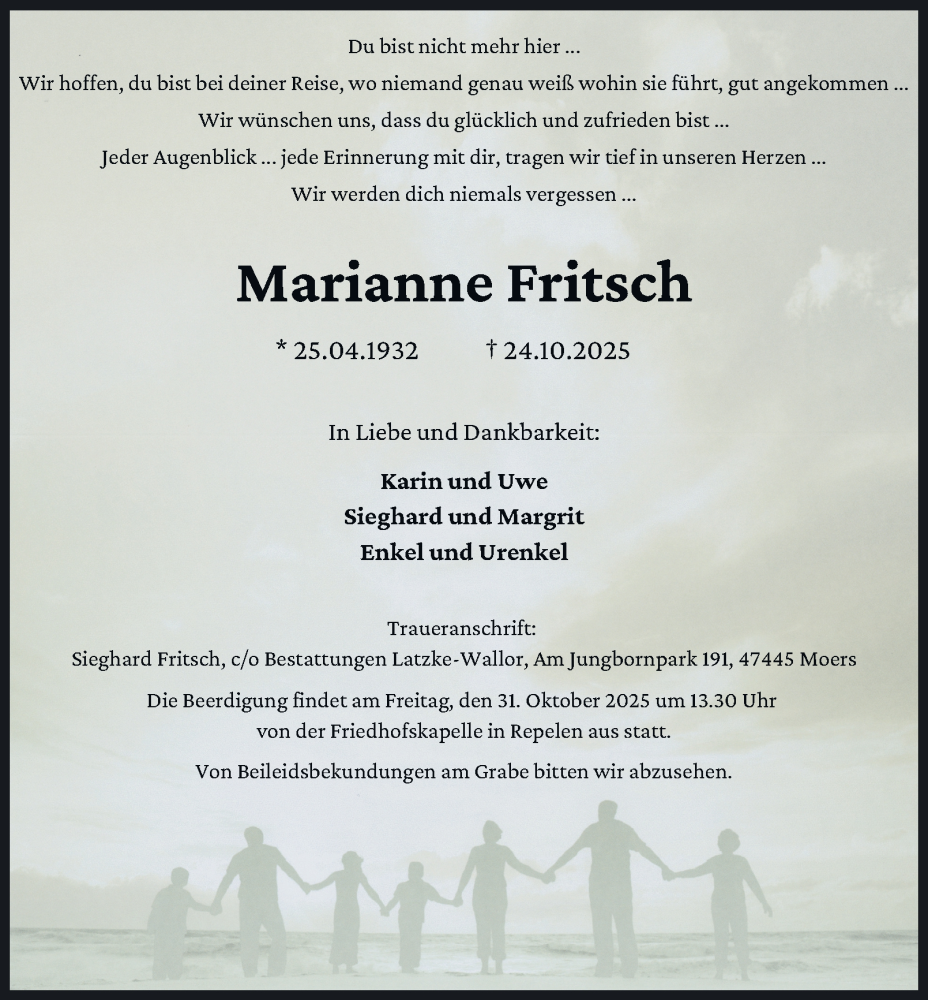  Traueranzeige für Marianne Fritsch vom 29.10.2025 aus Tageszeitung