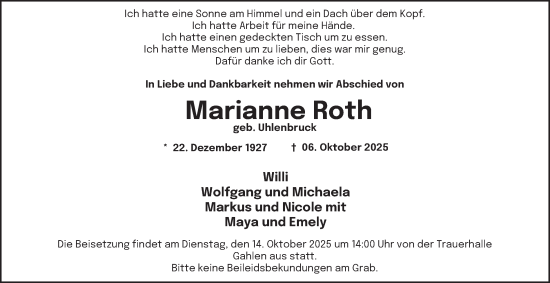 Traueranzeige von Marianne Roth von Tageszeitung
