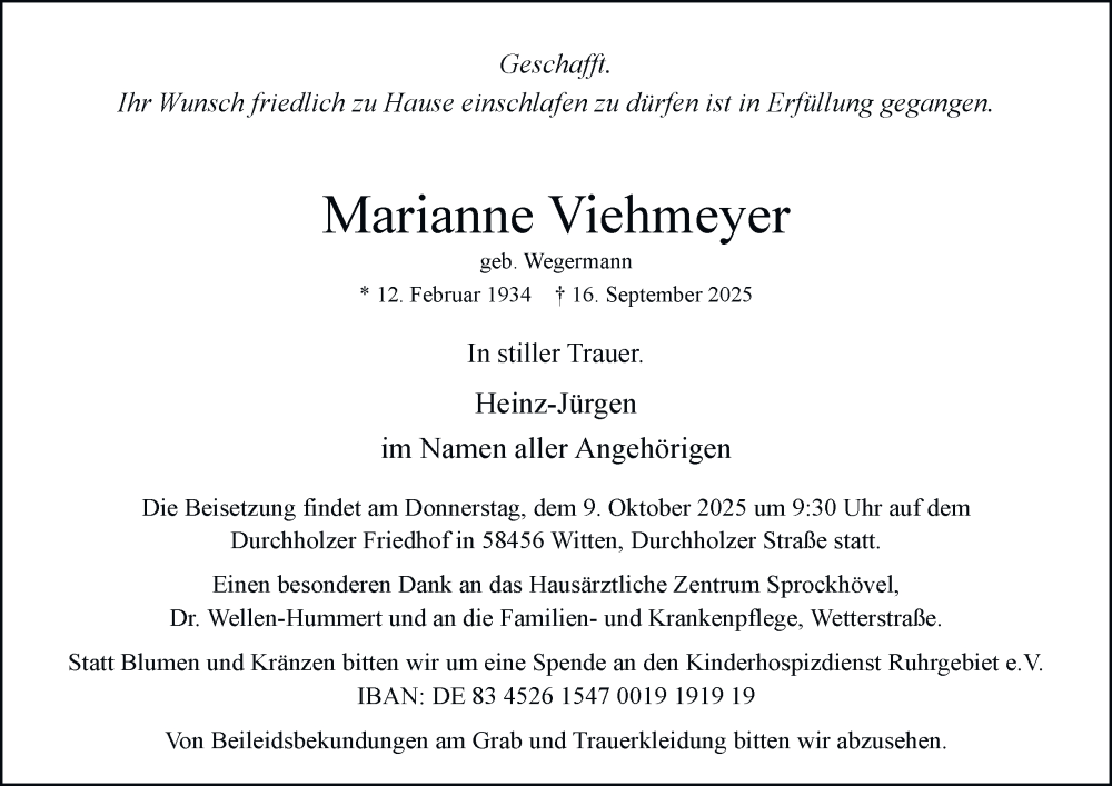  Traueranzeige für Marianne Viehmeyer vom 04.10.2025 aus Tageszeitung