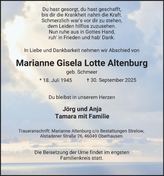Traueranzeige von Marianne Gisela Lotte Altenburg von Tageszeitung