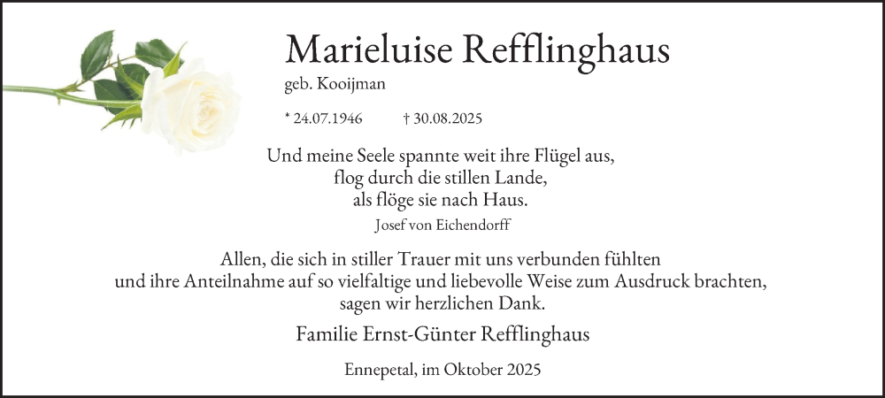  Traueranzeige für Marieluise Refflinghaus vom 25.10.2025 aus Tageszeitung