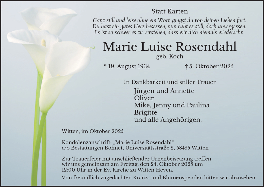  Traueranzeige für Marie Luise Rosendahl vom 18.10.2025 aus Tageszeitung