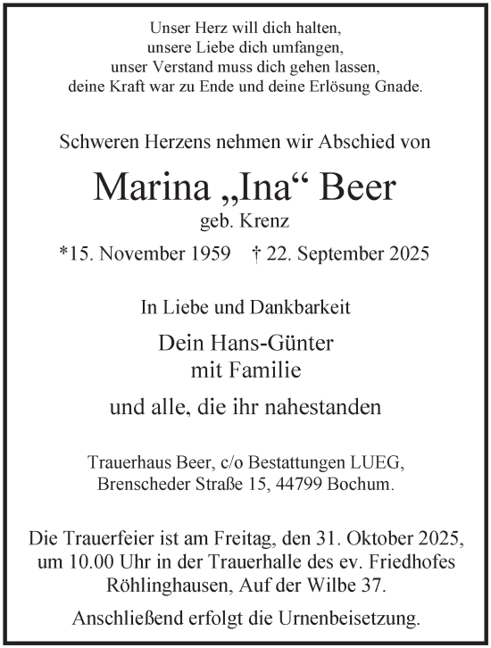 Traueranzeige von Marina Beer von Tageszeitung