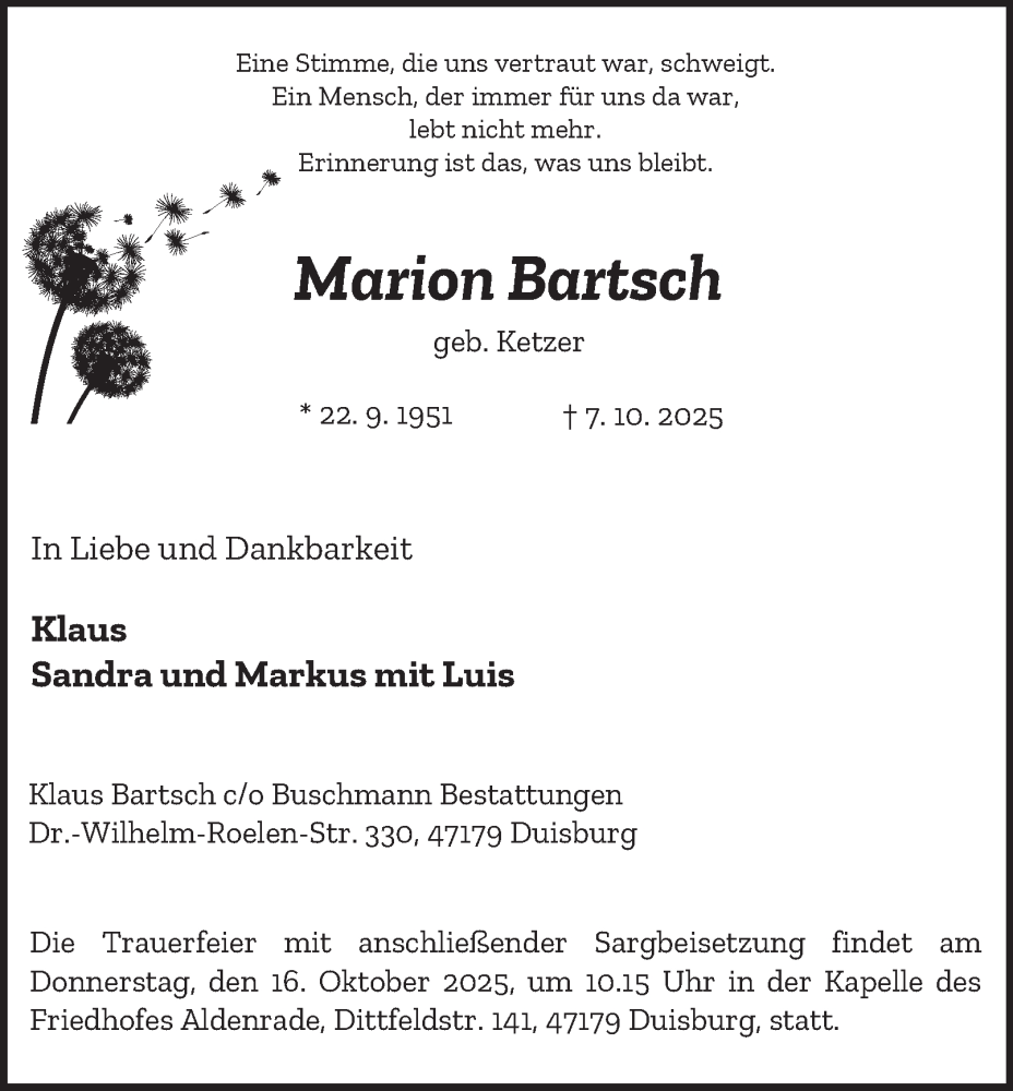  Traueranzeige für Marion Bartsch vom 11.10.2025 aus Tageszeitung