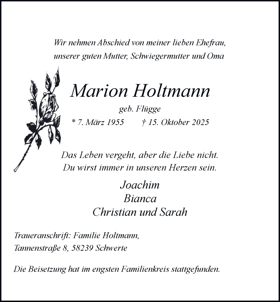 Traueranzeige für Marion Holtmann vom 01.11.2025 aus Tageszeitung