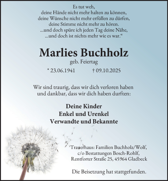 Traueranzeige von Marlies Buchholz von Tageszeitung