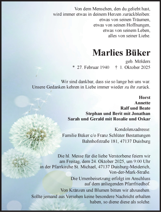 Traueranzeige von Marlies Büker von Tageszeitung