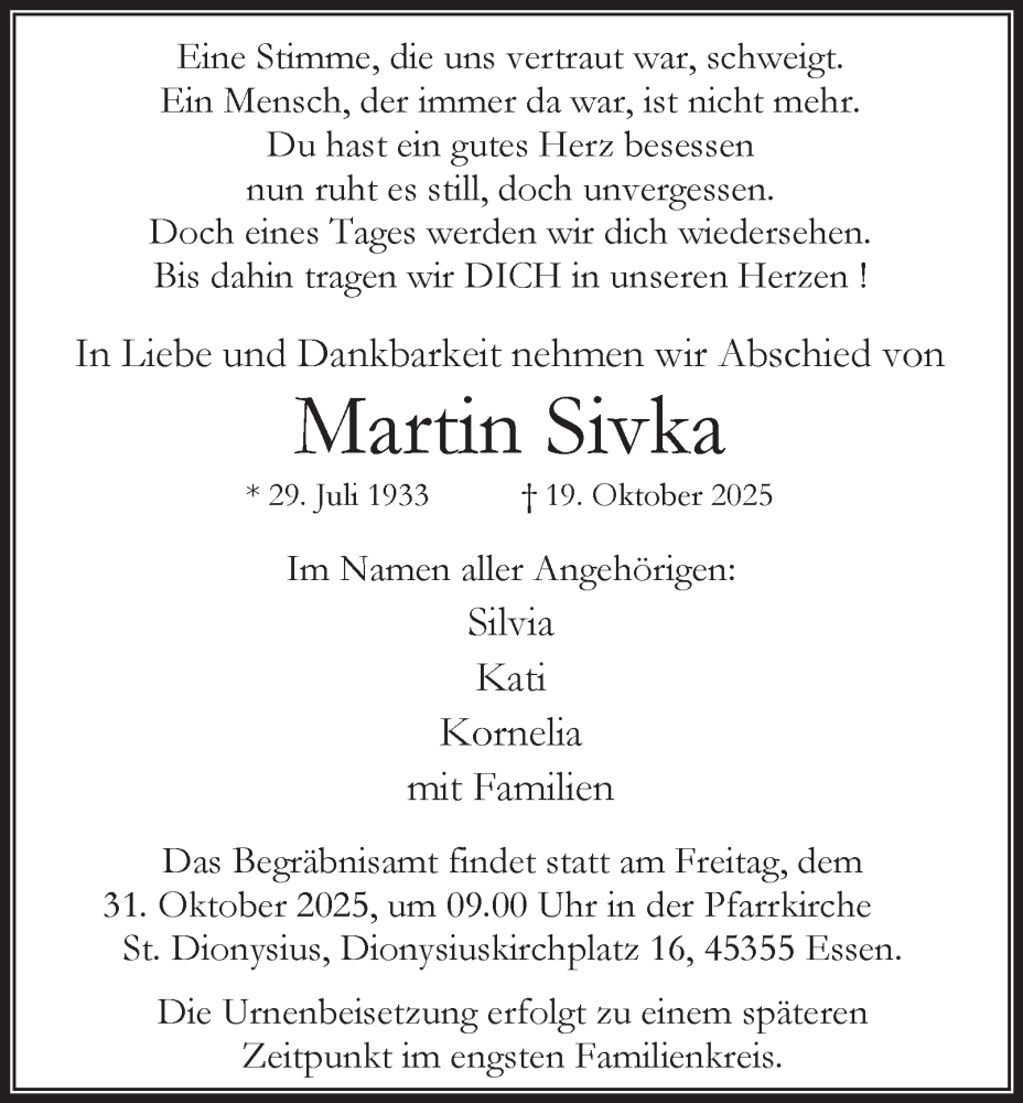  Traueranzeige für Martin Sivka vom 25.10.2025 aus Tageszeitung