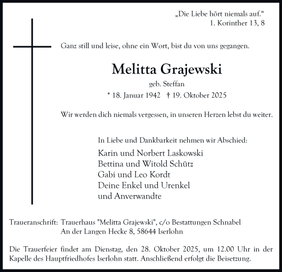 Traueranzeige von Melitta Grajewski von Tageszeitung