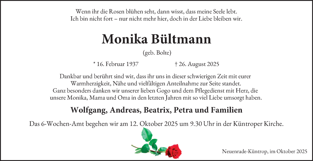  Traueranzeige für Monika Bültmann vom 04.10.2025 aus Tageszeitung
