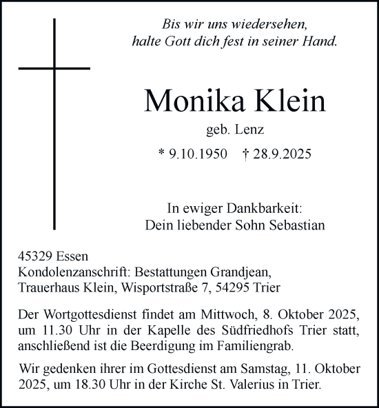 Traueranzeige von Monika Klein von Tageszeitung