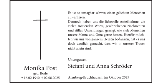 Traueranzeige von Monika Post von Tageszeitung